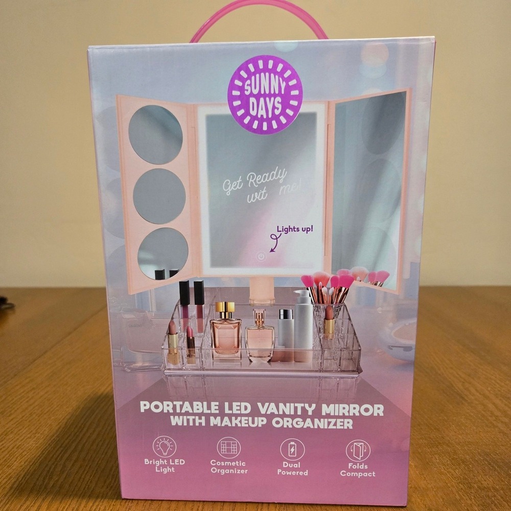Portable‎ LED Vanity Mirror with Makeup Organizer USB or Battery Operated
